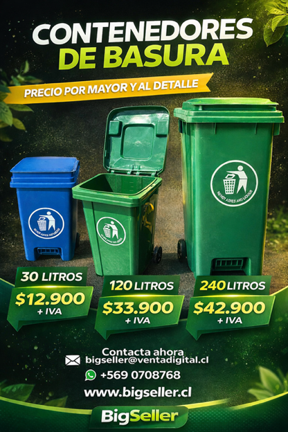 Contenedores basureros desde 30 litros a 240 litros, con tapa y ruedas