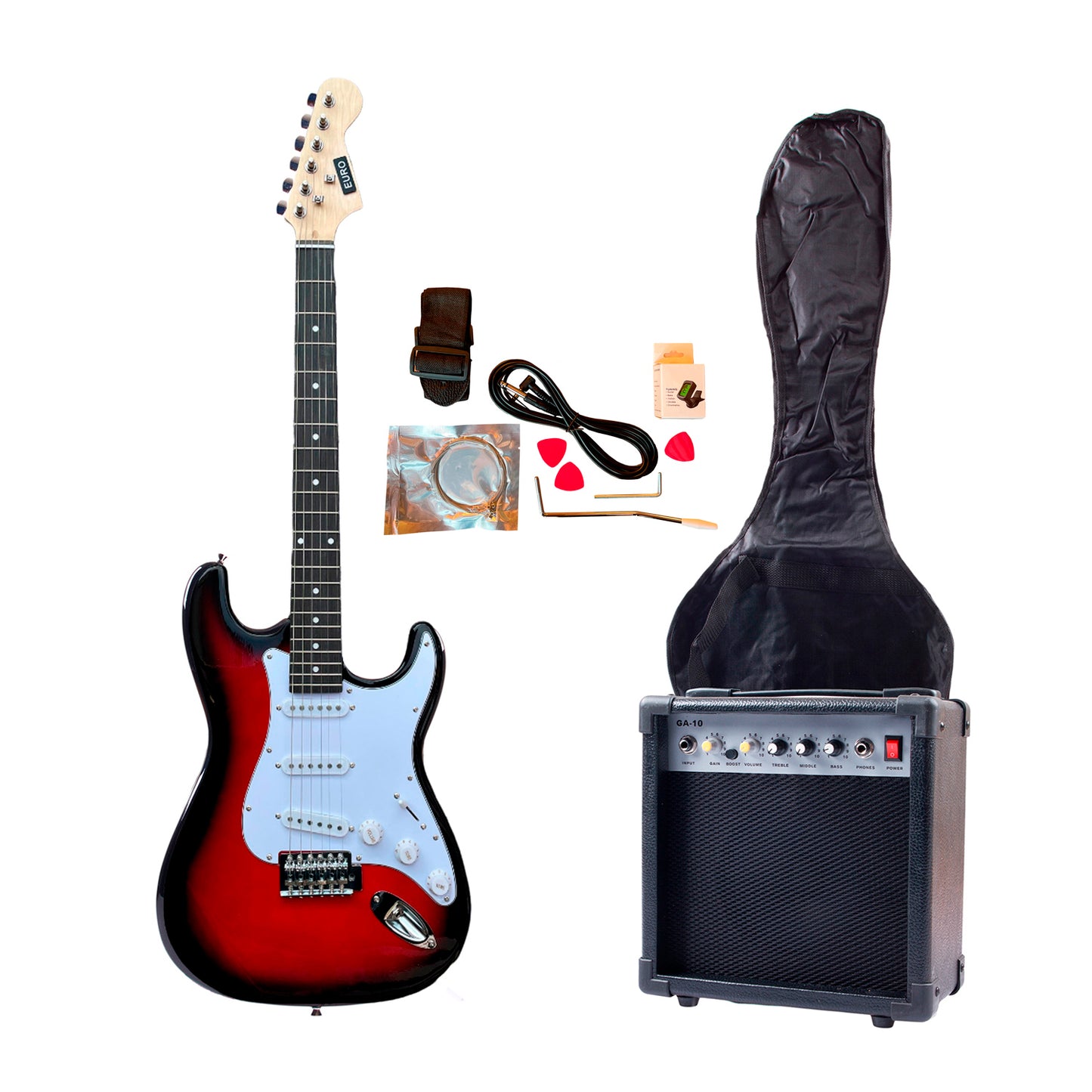 Pack guitarra eléctrica Strato con amplificador 15 W marca Euro